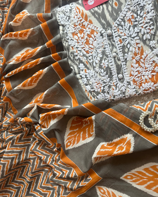 Ikkat print chikan neck soft cotton suit set