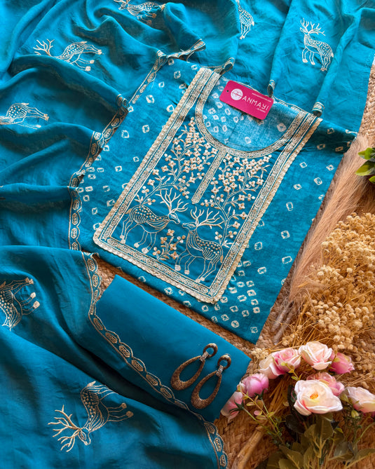 Gold Deer jaam cotton suit set with cotton silk dupatta