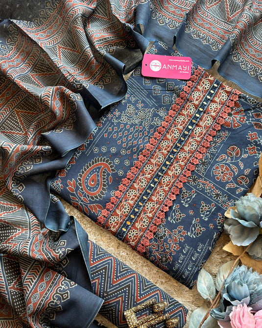 Ajrakh print pure printed cottons with mirror neck