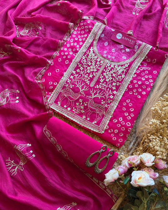 Gold Deer jaam cotton suit set with cotton silk dupatta