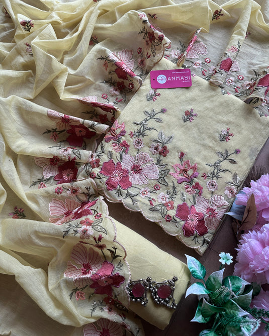 Mul Chanderi cutwork embroidered suit sets