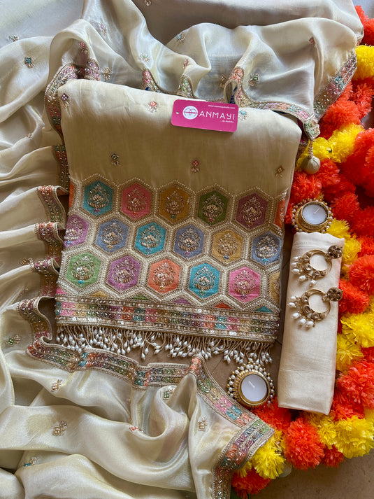 Shimmer silk coloured motif work suit set with silk bottom