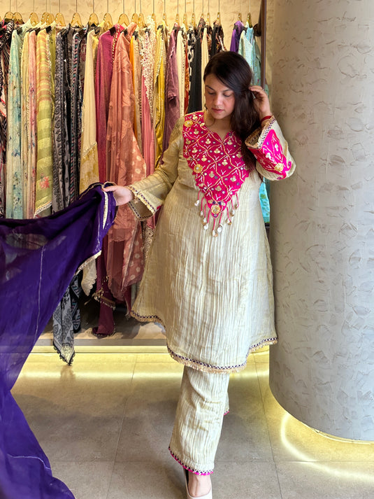 Crushed tissue ready to wear boho neck A line suit with georgette dupatta