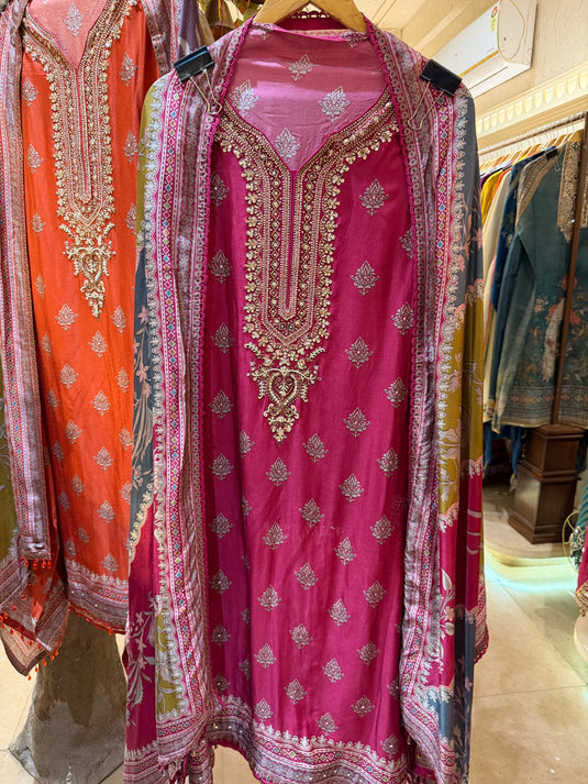Persian print embroidered neck pure crepe suits