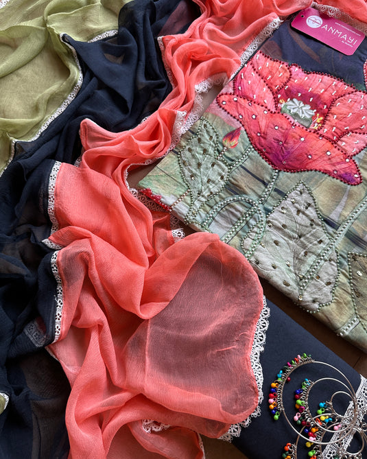 Bright festive printed cotton suit with highlights and tricolour dupatta