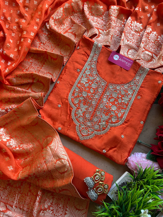 Royal intricate dori work neck muslin suit set with banarasi dupatta