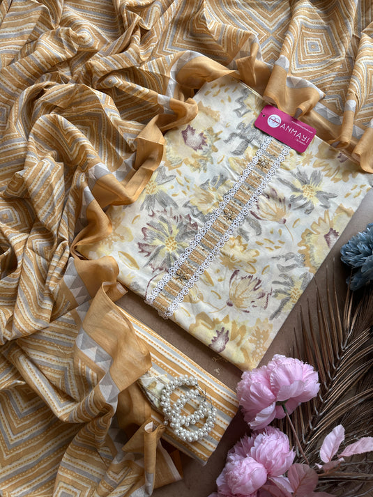 Printed lemon Mul cotton suit with Mul dupatta