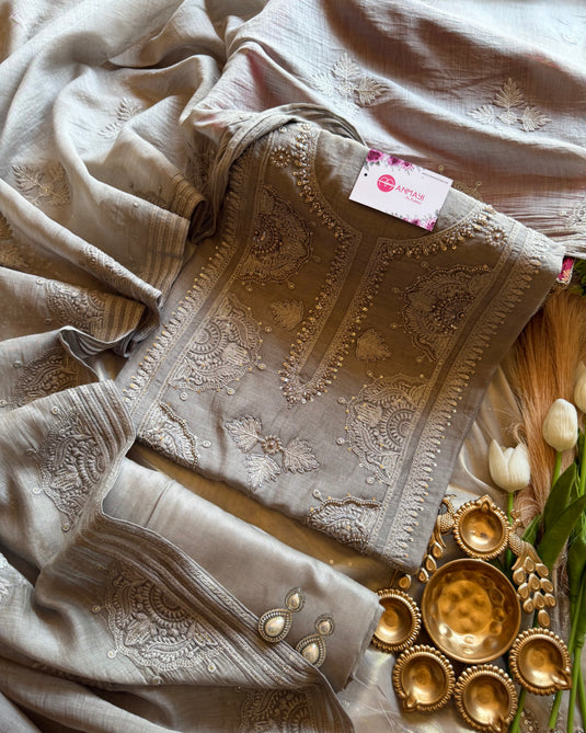 Panel Embroidered pure Mul cotton suit set