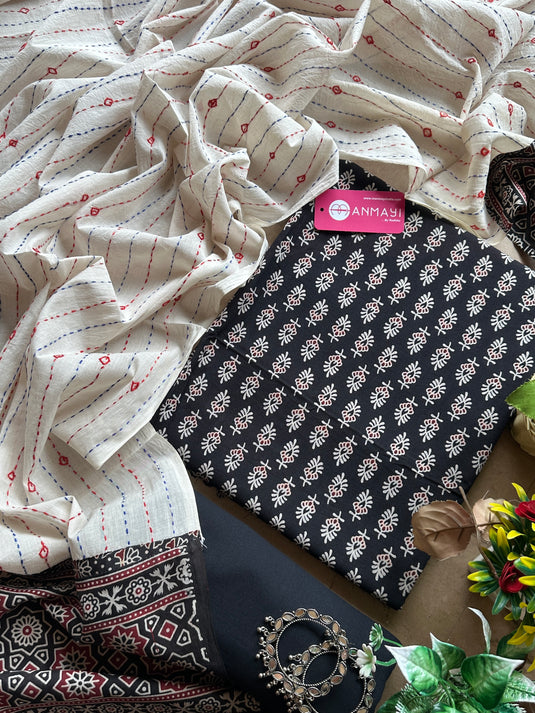 Ajrakh cotton kantha stripes dupatta set