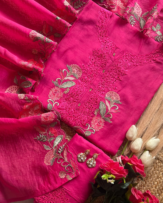 Intricate thread schiffli work pure mul cotton suit