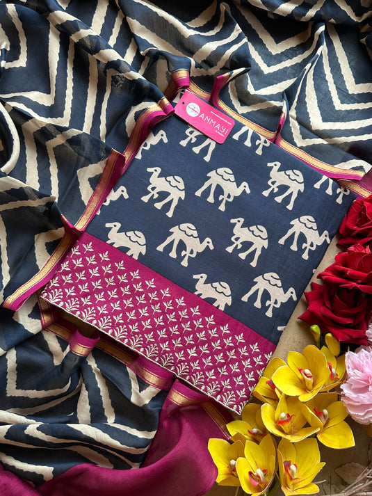 Block print pure 70 gms Chanderi suit set with embroidered borders