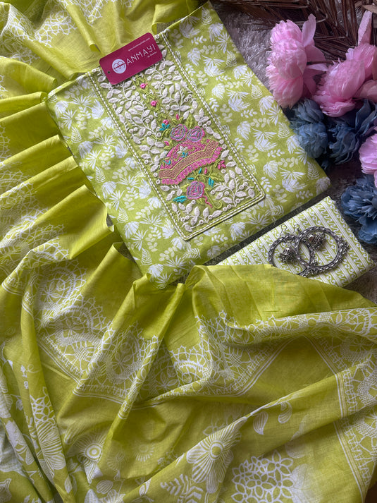 Cambric cotton bright embroidered neck suit set