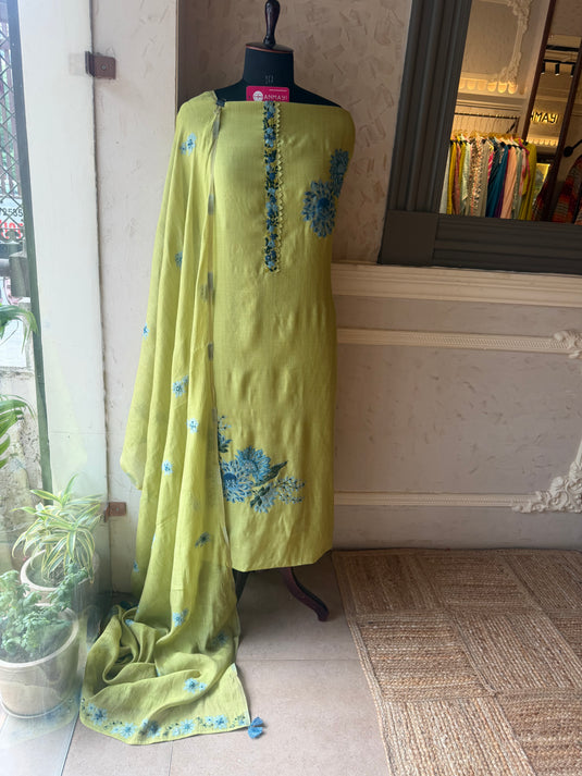 Lime pure Maheshwari French knot work suit set