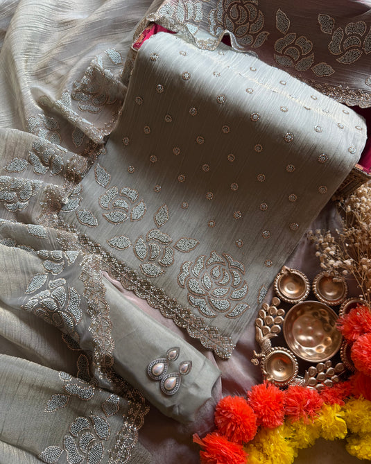 Pure crushed silk embedded pearl work suit set