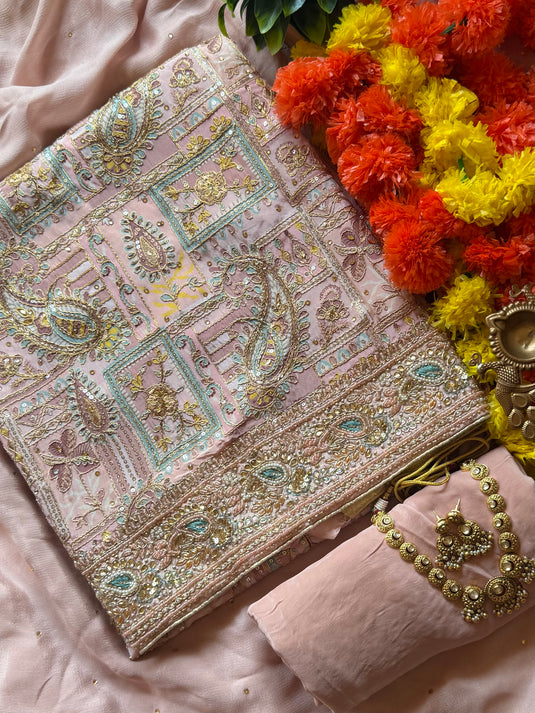 Shagun pure crepe highlighted embroidery suit with chiffon dupatta
