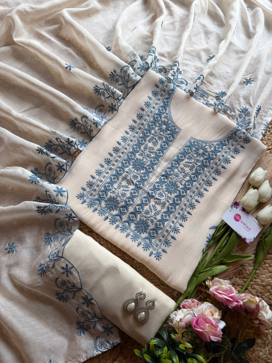 Soft Mul Chanderi Lucknawi machine work suit set