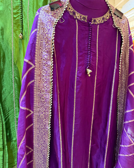 Upada Silk gotta work semi stitched suit set with banarasi dupatta