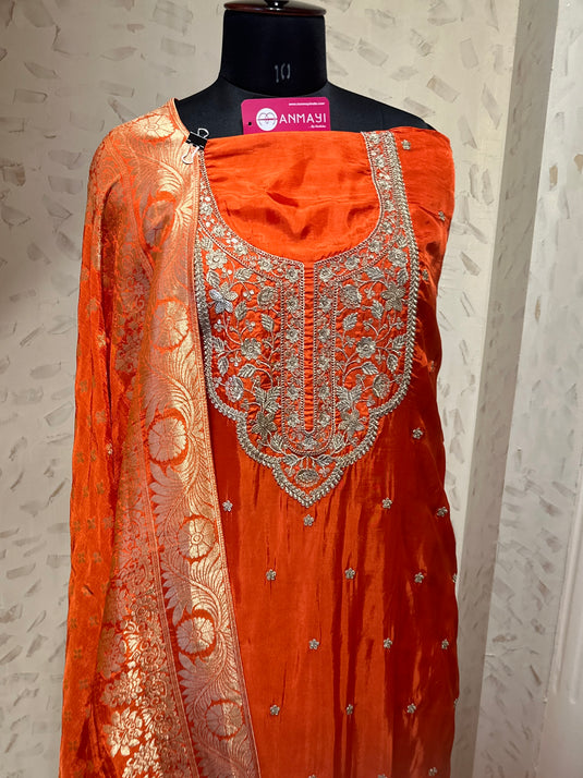 Royal intricate dori work neck muslin suit set with banarasi dupatta