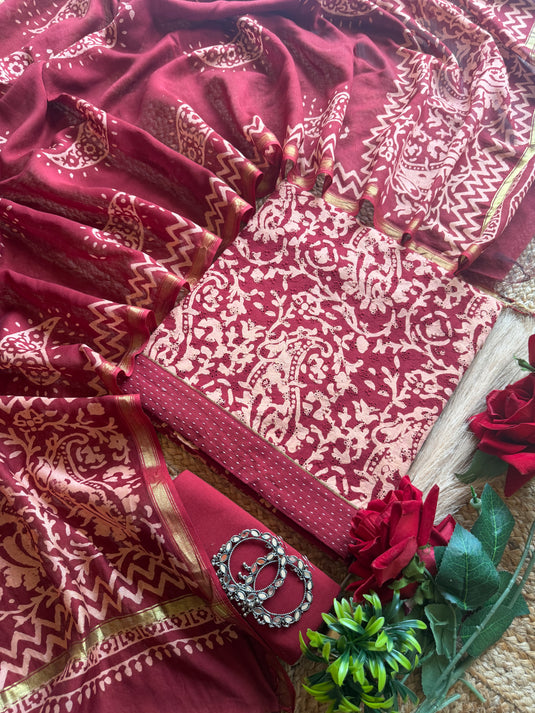 Hakooba Kalamkari print maroon cotton suit set