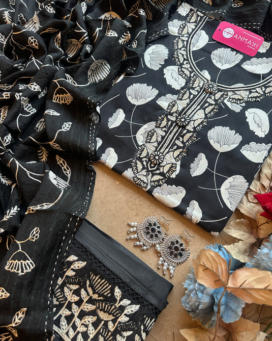 Cotton printed black suit set with embroidered jaal dupatta