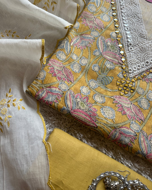 Digital print cambric cotton suit with crochet mirror v neck and embroidered cotton dupatta