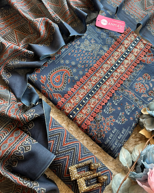 Ajrakh print pure printed cottons with mirror neck