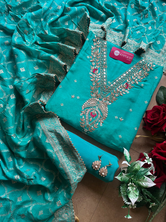 Banarasi dolla silk v neck pita work suit set