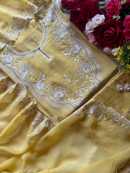 Parsi work semi stitched patched organza neck pure Mul cotton suit