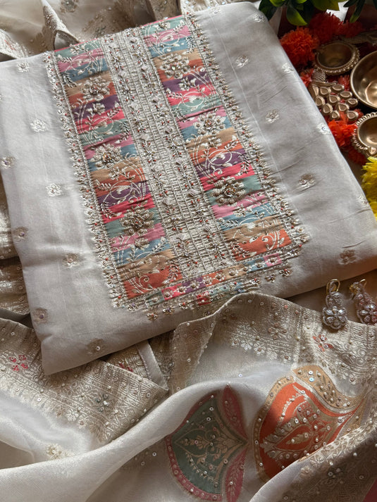 Ivory sabyasachi inspired pure tissue silk suit set