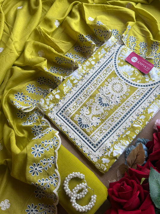 Printed cambric cotton white Dori work suit set