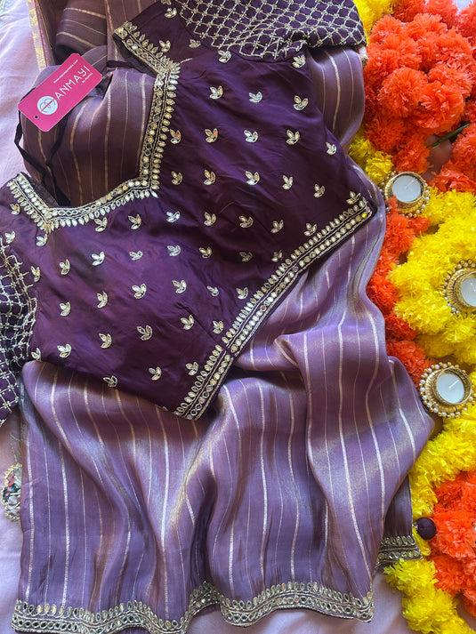 Lilac purple combination georgette saree with embroidered blouse