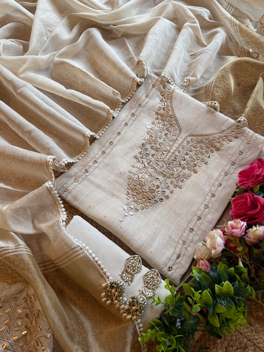 Paper mirror gold border ivory Jamdani suit set