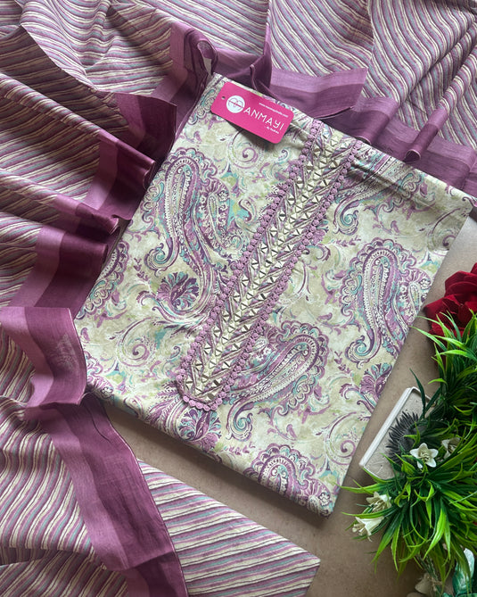 Cambric cotton ambi print suit set with cotton stripes dupatta