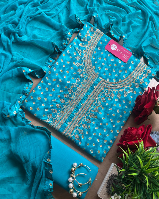 Bandhani cambric cotton suit set with chiffon dupatta