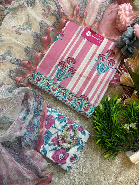 Pure Cotton stripy block print suit with soft Kota dupatta