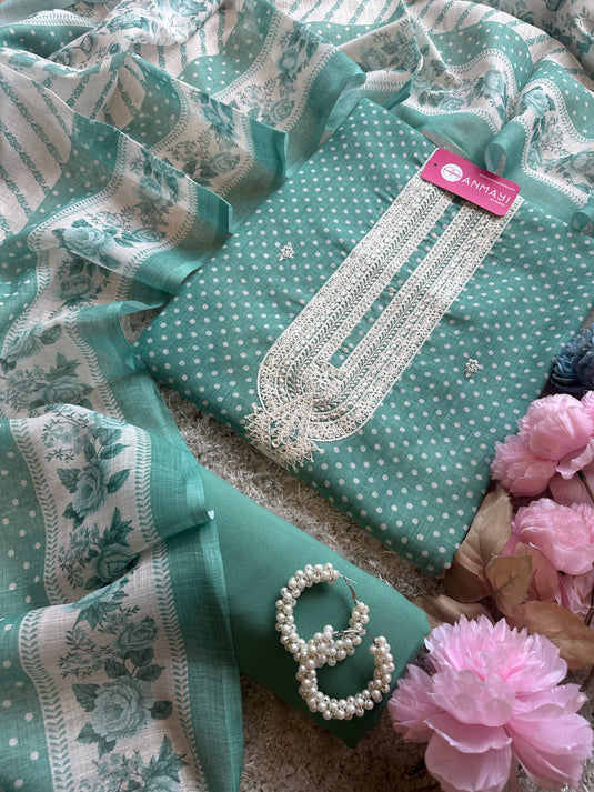 Polka dots printed linen suits with digital dupatta