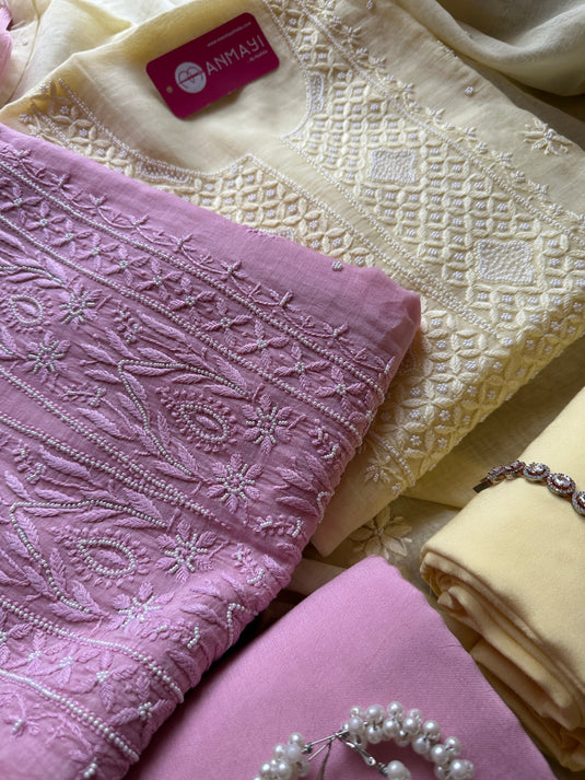 Pastel pure Mul suit set with Chikankari pearl work