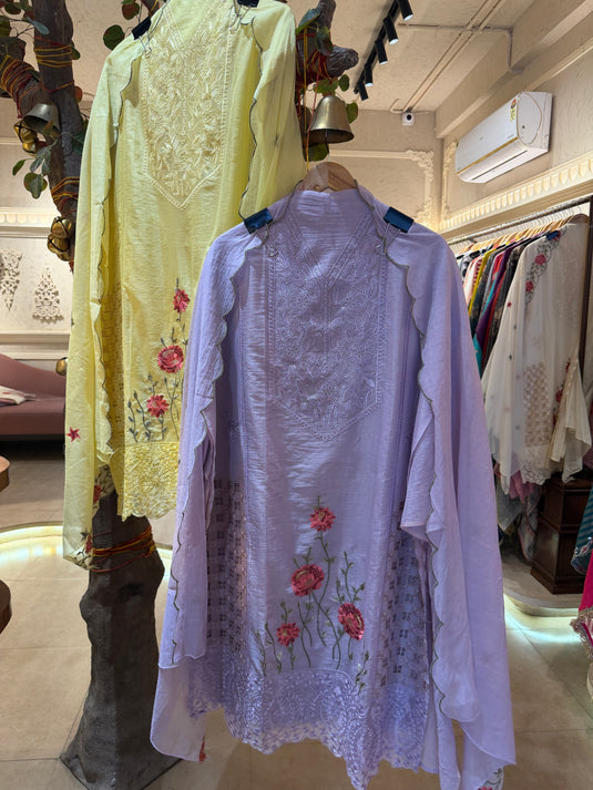 Pakistani Crochet Cutwork detailed Mul Chanderi suit with shimmer effect