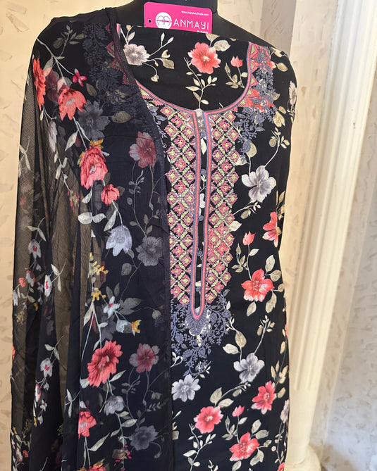 Floral cotton suit with cross stitch neck and pure chiffon printed dupatta