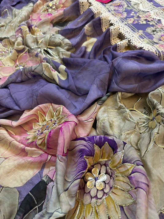Floral affair muslin cotton patterned suit with pure crepe digital highlighted dupatta