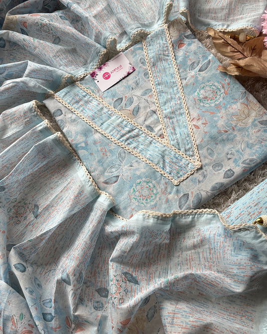 Cambric pastel printed v neck suit set with cotton dupatta