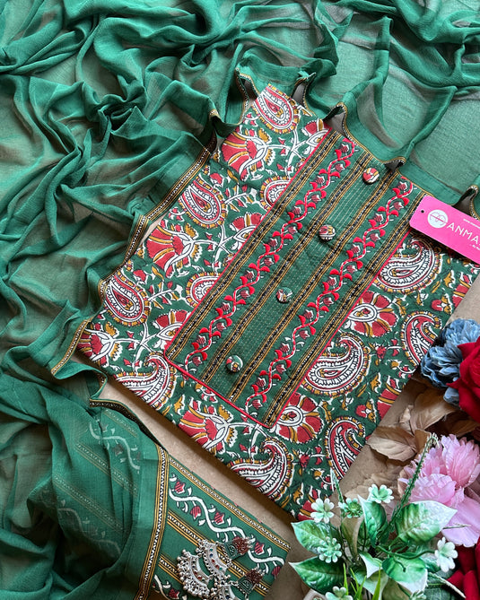 Printed ambi forest green cambric cotton suit set