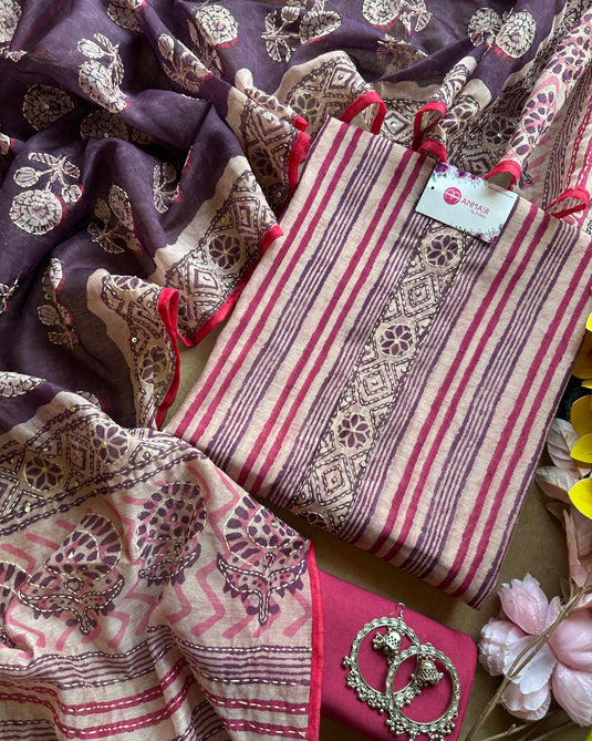 Stripy Maheshwari Kantha work suit set