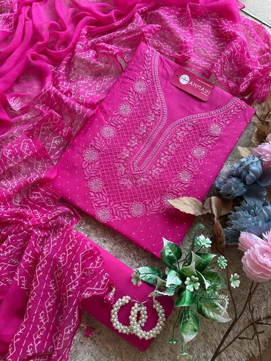 Fuchsia pink lucknawi Chikankari pure cotton suit set with chiffon block print dupatta