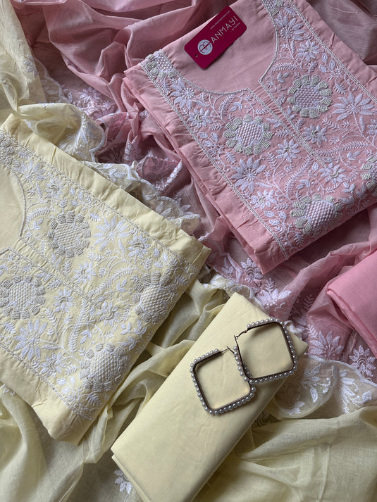 Cotton pastel Chikankari pearl neck suit set