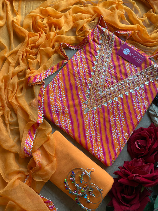 Pure cotton lehria print suit set with gotta v neck and pure chiffon dupatta