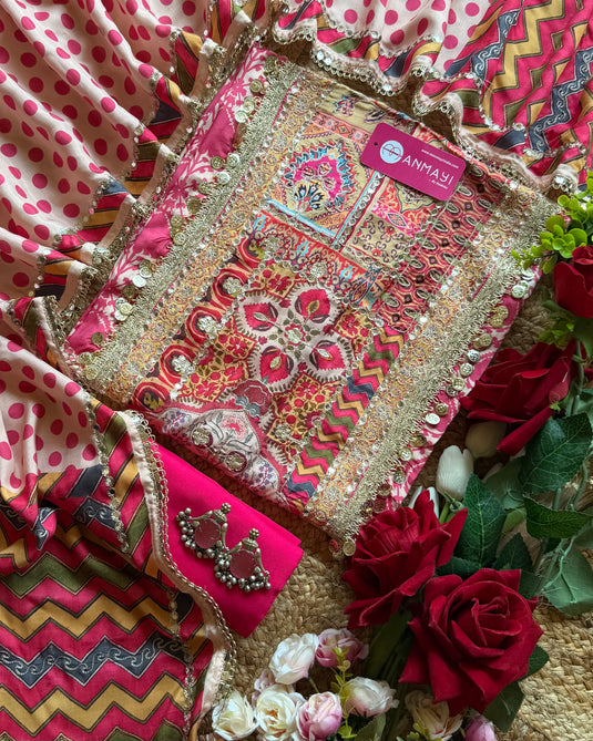 Coin work boho neck hot pink suit set