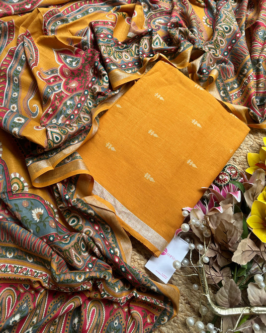 Linen Banarasi coloured edits with digital print dupattas