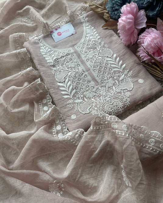 Mul Chanderi Chikankari pearl neck suit set