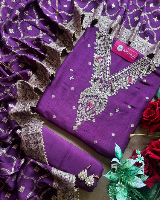 Banarasi dolla silk v neck pita work suit set